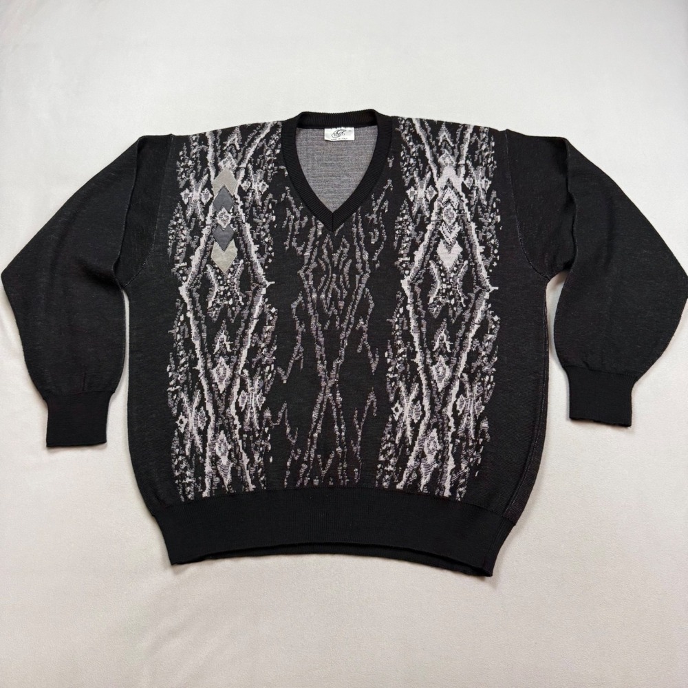Gabicci Vintage Made in Italy Wool Blend V-Neck Geometric Sweater Mens XL Black